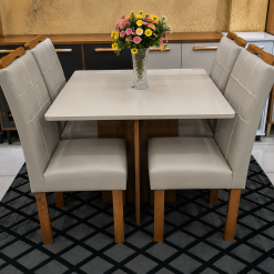 Conjunto Mesa de Jantar Quadrada Canto Copo Com Vidro Salinas Londres 90 x 90 Com 4 Cadeiras Bege - Cinamomo/Off White