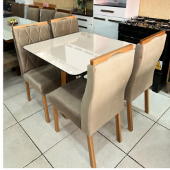 Conjunto Mesa de Jantar Quadrada 90 x 90 Lisboa Com 4 Cadeiras Veludo Marrom - Tampo Off White - Art