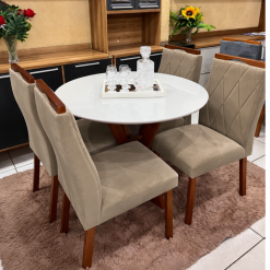 Conjunto Mesa de Jantar Redonda Ibiza 100 x 100 Com 4 Cadeiras Lisboa Veludo Marrom - Tampo Off White - Art