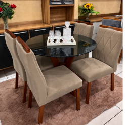 Conjunto Mesa de Jantar Redonda Ibiza 100 x 100 Com 4 Cadeiras Lisboa Veludo Marrom - Tampo Preto - Art