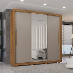 Guarda-Roupa Casal Panamá 3 Portas de Correr com pés 1 Espelho Flex - Cinamomo/Off White - Sallêto