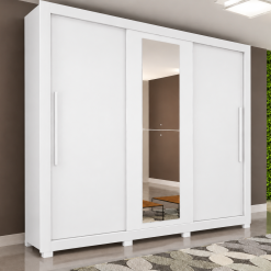 Guarda-Roupa Casal Linhares 3 Portas de Correr Com pés Com Espelho - Branco - Sallêto