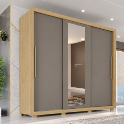 Guarda-Roupa Casal Com Espelho e Com pés 3 Portas de Correr Linhares Flex - Jequitibá/Granizo - Sallêto