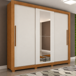 Guarda-Roupa Casal Linhares Flex 3 Portas de Correr Com pés Com Espelho - Cinamomo/Off White - Sallêto
